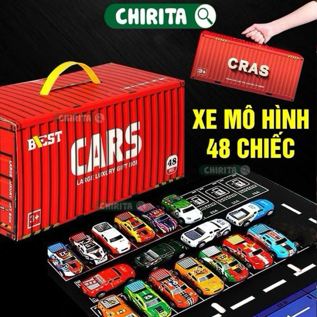 [48 CHIẾC] Đồ Chơi Ô Tô Mini Bộ Xe Ô Tô Cho Bé Kèm Hộp Container, Xe Đua Xe Cảnh Sát Xe Tải Nhiều Lo