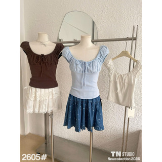 Áo thun nữ kiểu ren thêu hoa mix dây buộc nơ đính cúc ngọc siêu xinh