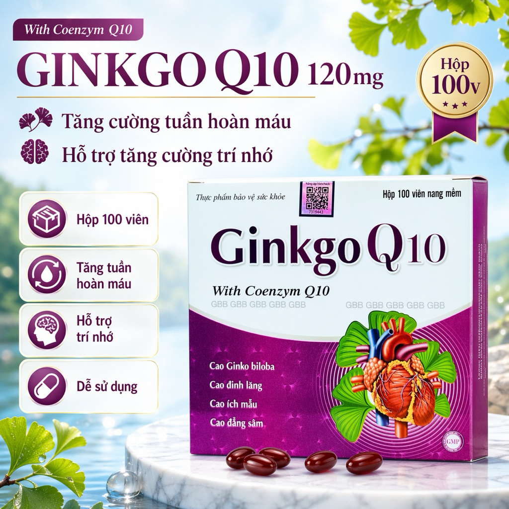 Ginkgo Q10 120mg Hộp 100 Viên Nang Mềm – Viên Uống Hỗ Trợ Tuần Hoàn Máu, Tăng Cường Trí Nhớ, Coenzym