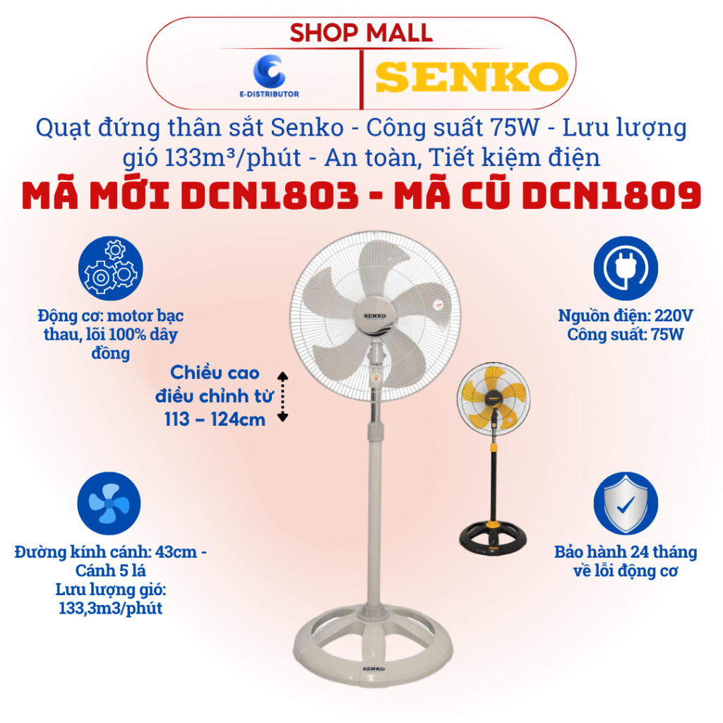 [HỎA TỐC] Quạt đứng công nghiệp Senko DCN1801/DCN1803/DCN1807/DCN1809 - Công suất 75W - Mẫu mới