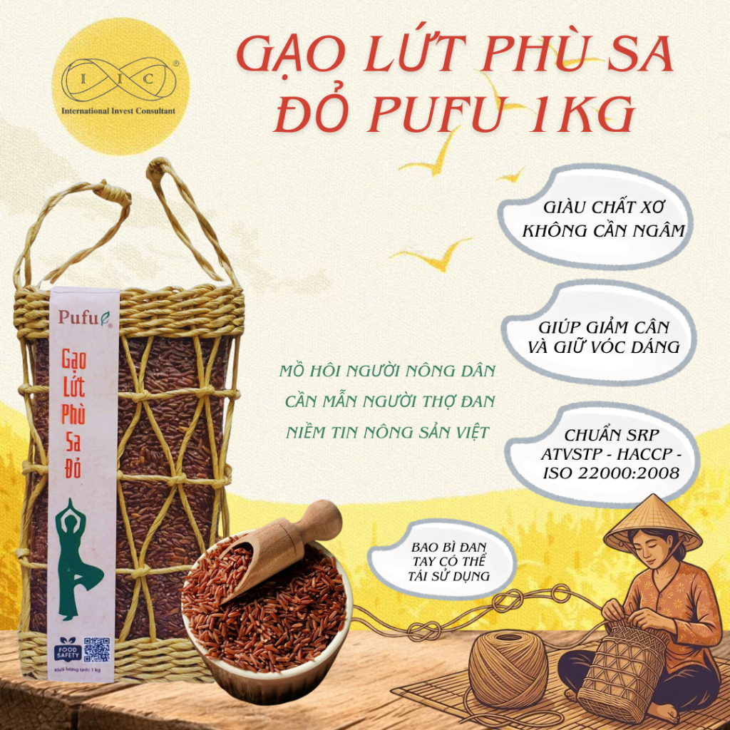 Gạo Lứt Pufu Phù Sa Đỏ 1kg - Gạo Lứt Giảm Cân, Bữa Ăn Lành Mạnh - Chuẩn ESG
