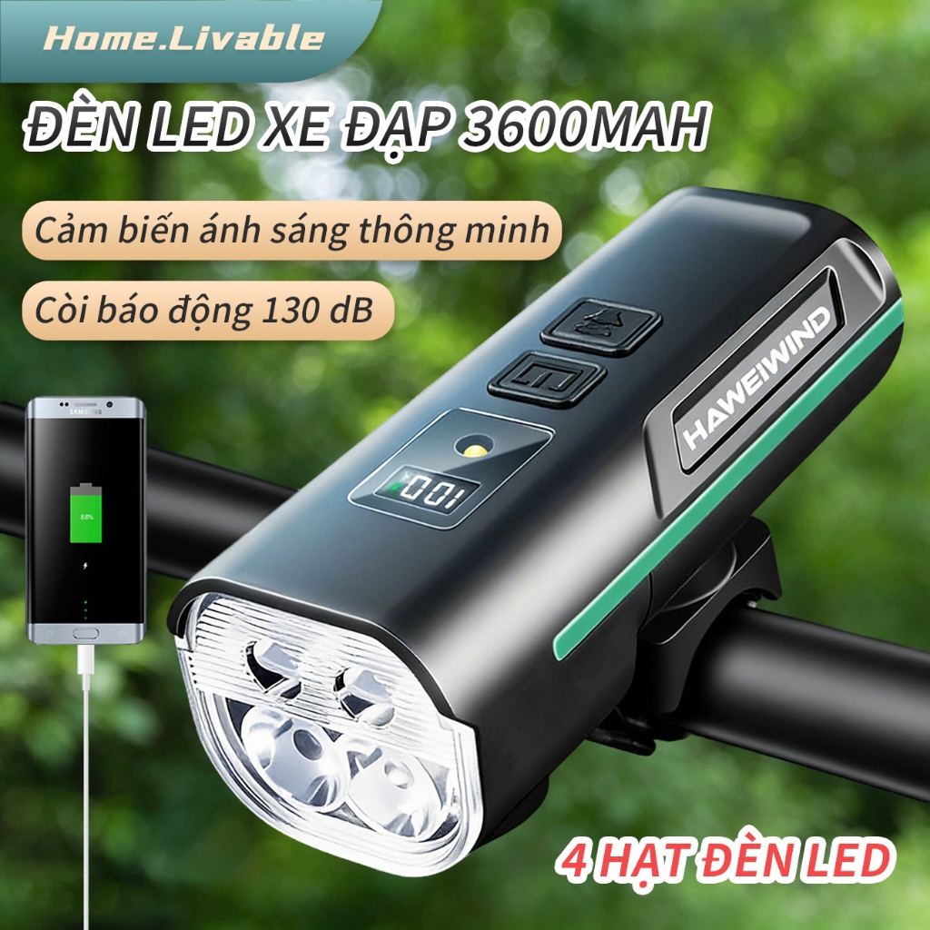 3600mAh LED đèn xe đạp có còi Có thể sạc điện thoại Cảm biến sáng 4 hạt LED siêu sáng 1000 Lumen Màn
