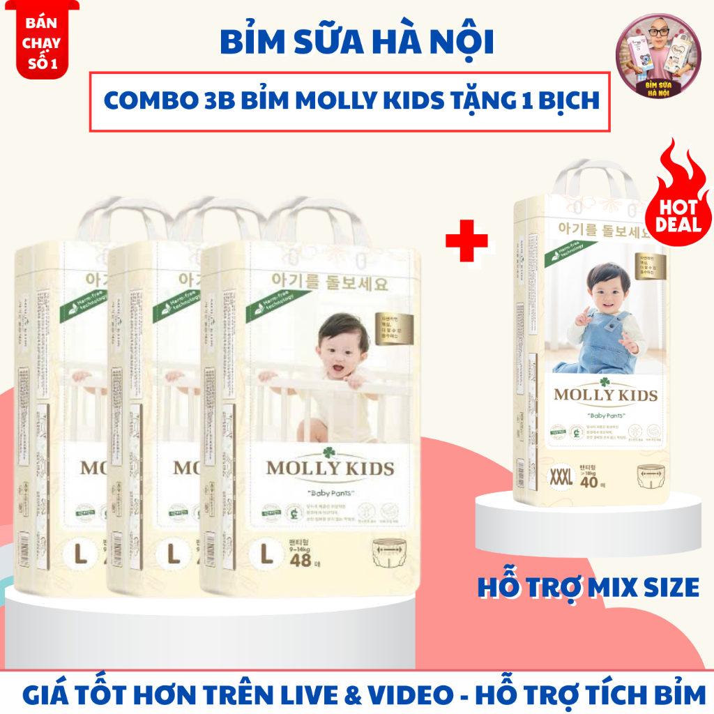 [COMBO 3B] MOLLY KIDS TẶNG 1B MOLLY KIDS Công Nghệ Hàn Quốc Dán/Quần Đủ Size S62>>4XL38