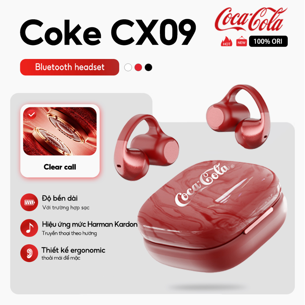 Coca-Cola CX09 Clip-On True Wireless Earbuds, Bluetooth 5.0 Headphones with Mic, Open-Ear Comfort fo