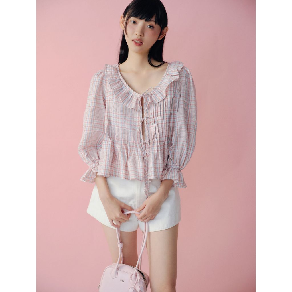 Áo babydoll tay lửng phối bèo Cotton Ruffled Tie Front Shirt dễ thương phù hợp đi chơi OLV | BigBuy360 - bigbuy360.vn