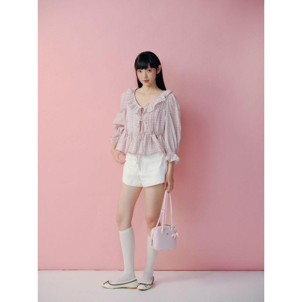 Áo babydoll tay lửng phối bèo Cotton Ruffled Tie Front Shirt dễ thương phù hợp đi chơi OLV