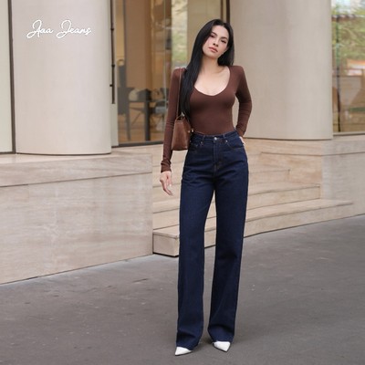 Aaa Jeans - Quần Bò Nữ Ống Rộng Cạp Cao Màu Indigo Vải Denim Cao Cấp