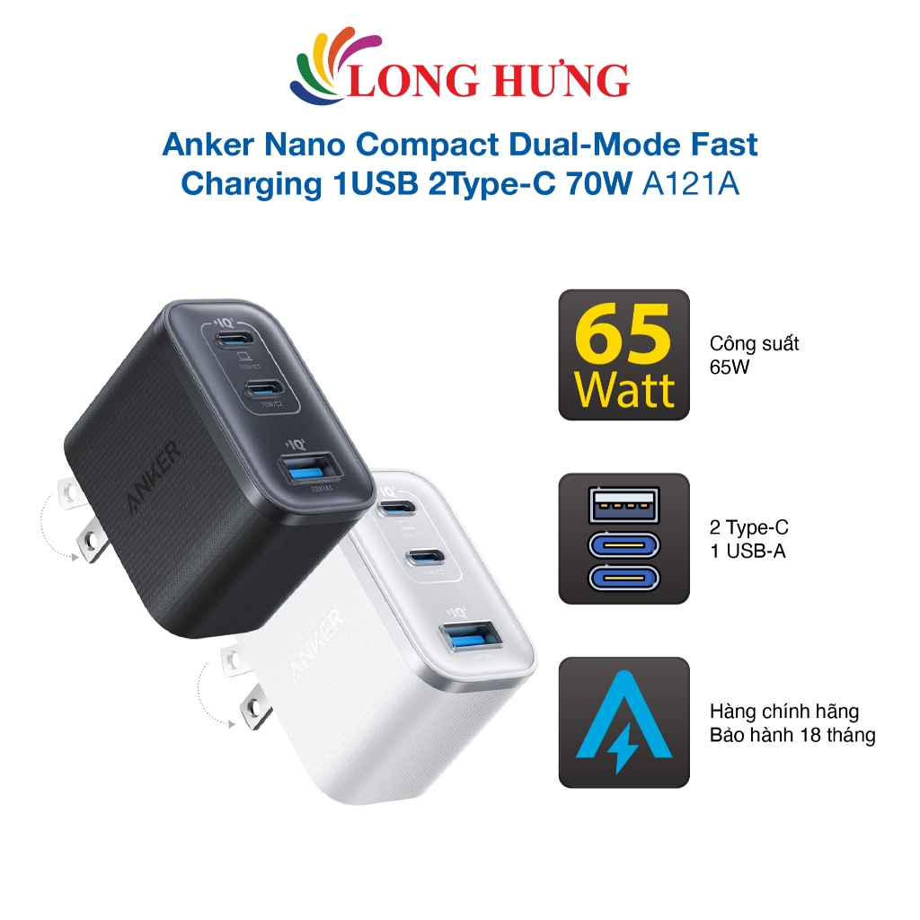Cốc sạc Anker Nano Compact Dual-Mode Fast Charging 1USB 2Type-C 70W A121A - Hàng chính hãng