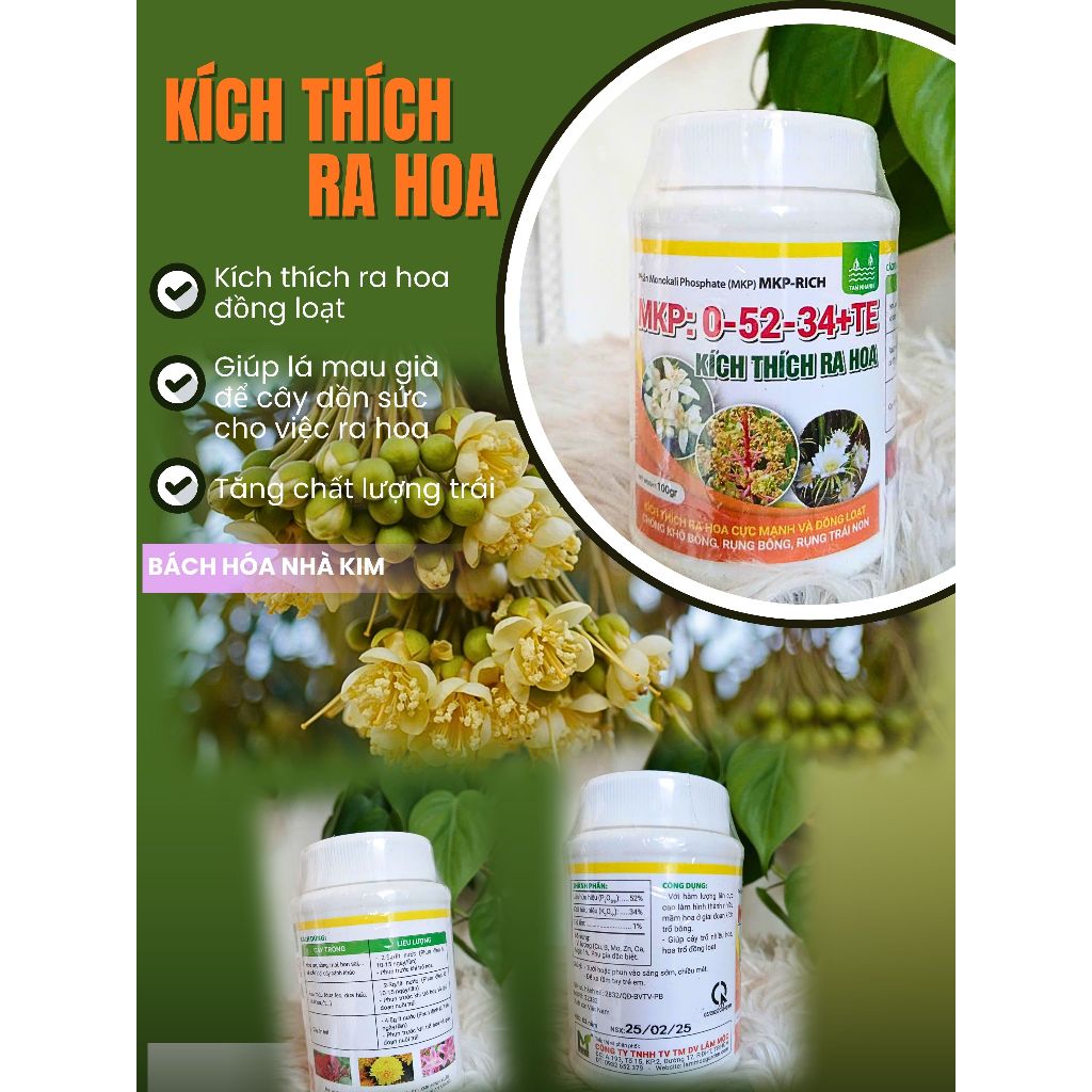 MKP 0-52-34 + TE hủ 100g - Kích thích ra hoa cực mạnh và đồng loạt, chống khô bông, rụng trái non