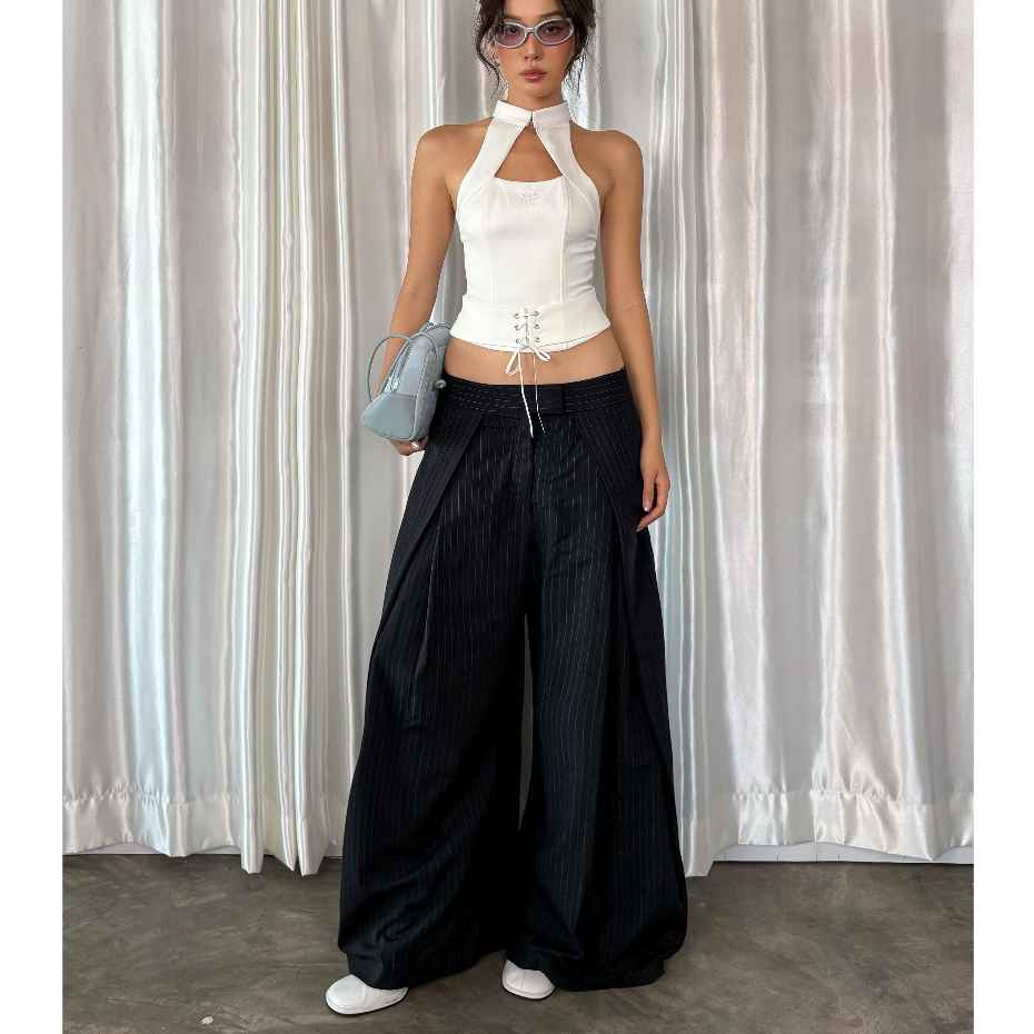 Quần sọc ống rộng cạp trễ Wide Leg Pinstriped Trousers Aiai Official