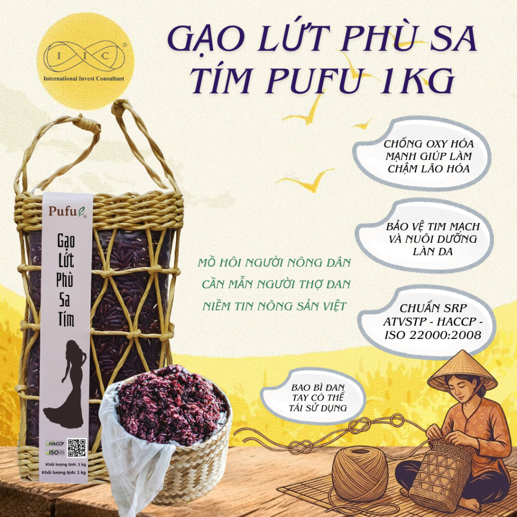 Gạo Lứt Pufu Phù Sa Tím 1kg - Gạo Chống Oxy Hóa, Duy Trì Cân Nặng - Chuẩn ESG