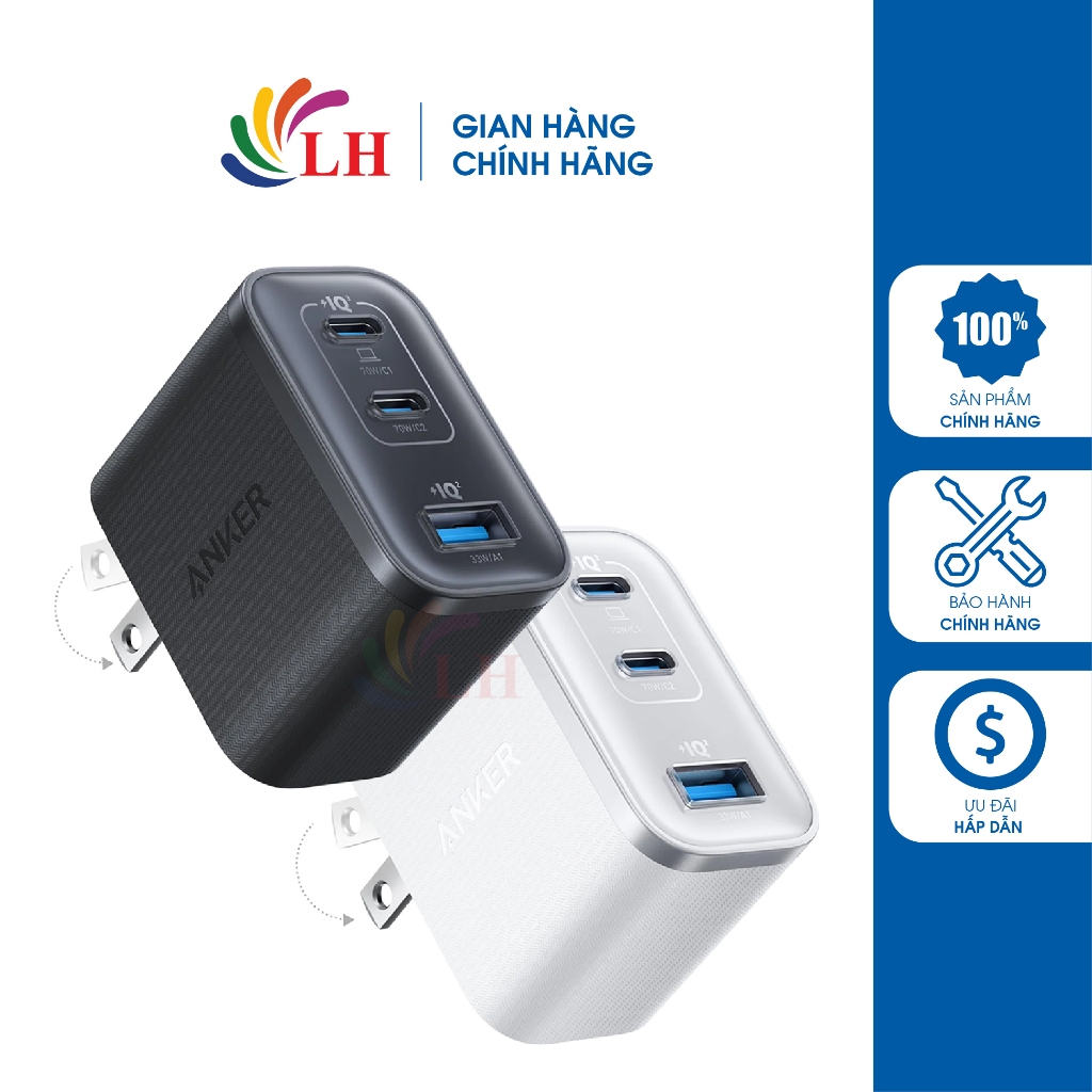 Cốc sạc Anker Nano Compact Dual-Mode Fast Charging 1USB 2Type-C 70W A121A - Hàng chính hãng