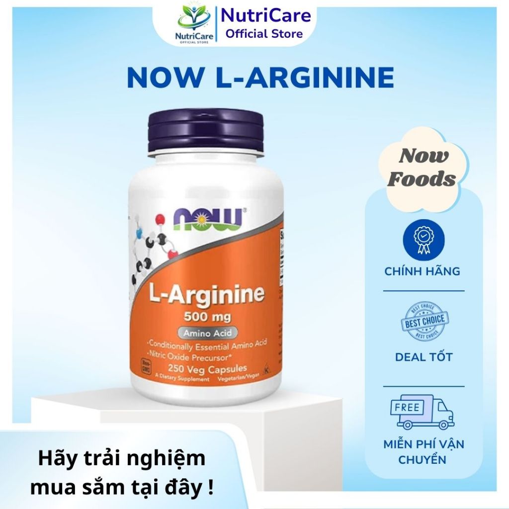 NOW L-Arginine 500mg + Viên uống cải thiện lưu thông máu, hiệu suất tập luyện, hỗ trợ phục hồi cơ bắ