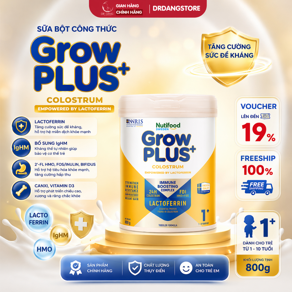 [Không Quà] Sữa Bột Grow Plus Colostrum Lactoferrin 1+ và 2+ Lon 800g