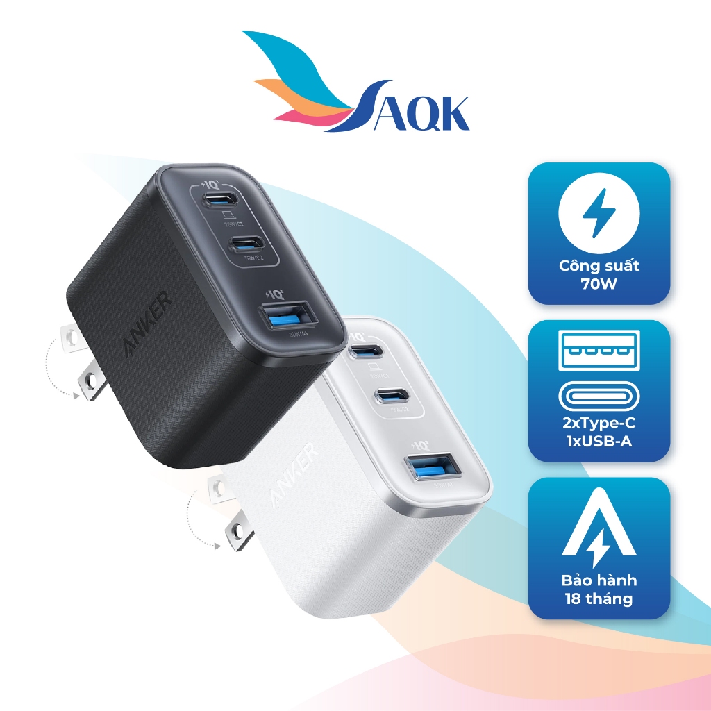 Cốc sạc Anker Nano Compact Dual-Mode Fast Charging 1USB 2Type-C 70W A121A - Hàng chính hãng