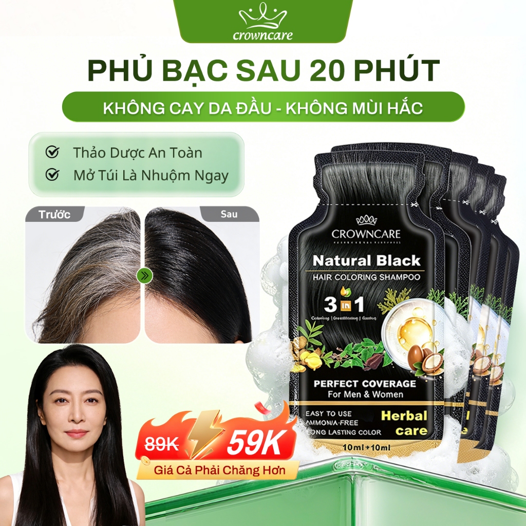 Dầu Gội Nhuộm Tóc Phủ Bạc Dạng Gói - Nhuộm Đen Sau 20 Phút, Không Mùi Hắc, Dạng Gói Tiện Lợi, Nhuộm Tóc Tại Nhà