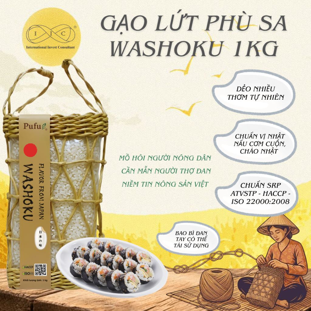 Gạo Washoku Pufu 1kg - Gạo Nhật Chuẩn Vị, Dẻo Thơm Mỗi Bữa - Chuẩn ESG