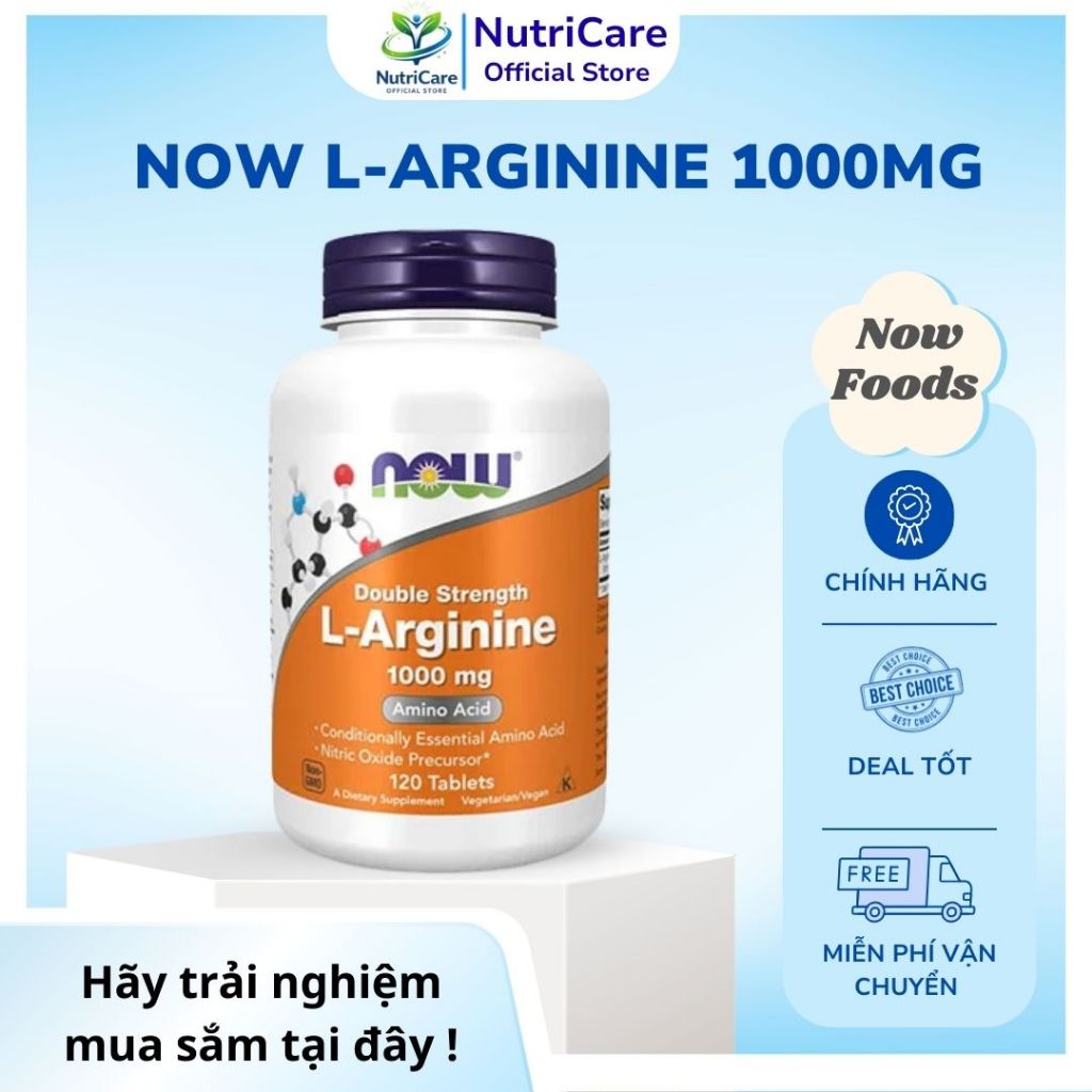 NOW L-Arginine 1000mg | Double Strength + Viên uống cải thiện hiệu suất tập luyện, lưu thông máu