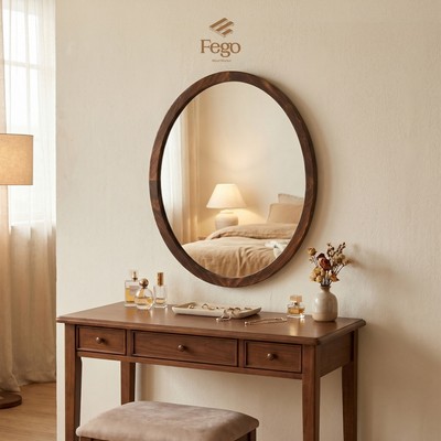 Gương Bầu Dục Treo Tường 60cm Viền Gỗ Tự Nhiên FEGO - Gương Gỗ Oval Bàn Trang Điểm, Nhà Tắm