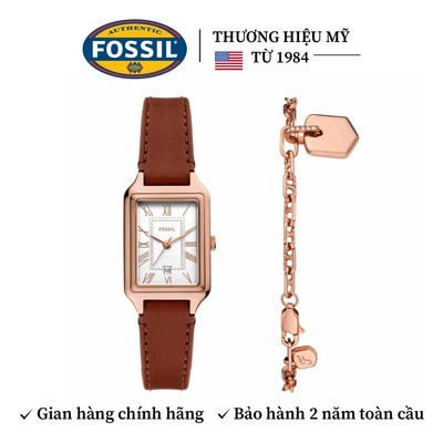 Đồng hồ nữ Fossil RAQUEL 23MM ES5377SET gồm đồng hồ và vòng tay, mặt chữ nhật 23MM, dây da nâu