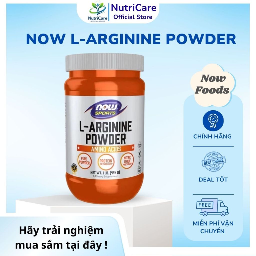 NOW L-Arginine Powder, 1 Lb. (100 Servings) + Bột uống hỗ trợ tim mạch, tăng cường tuần hoàn máu
