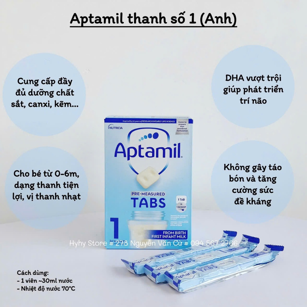 Date 7/6/2026) Sữa Aptamin Pre Measured Tabs đủ số 1 ( 0-6m ) hộp 24 thanh