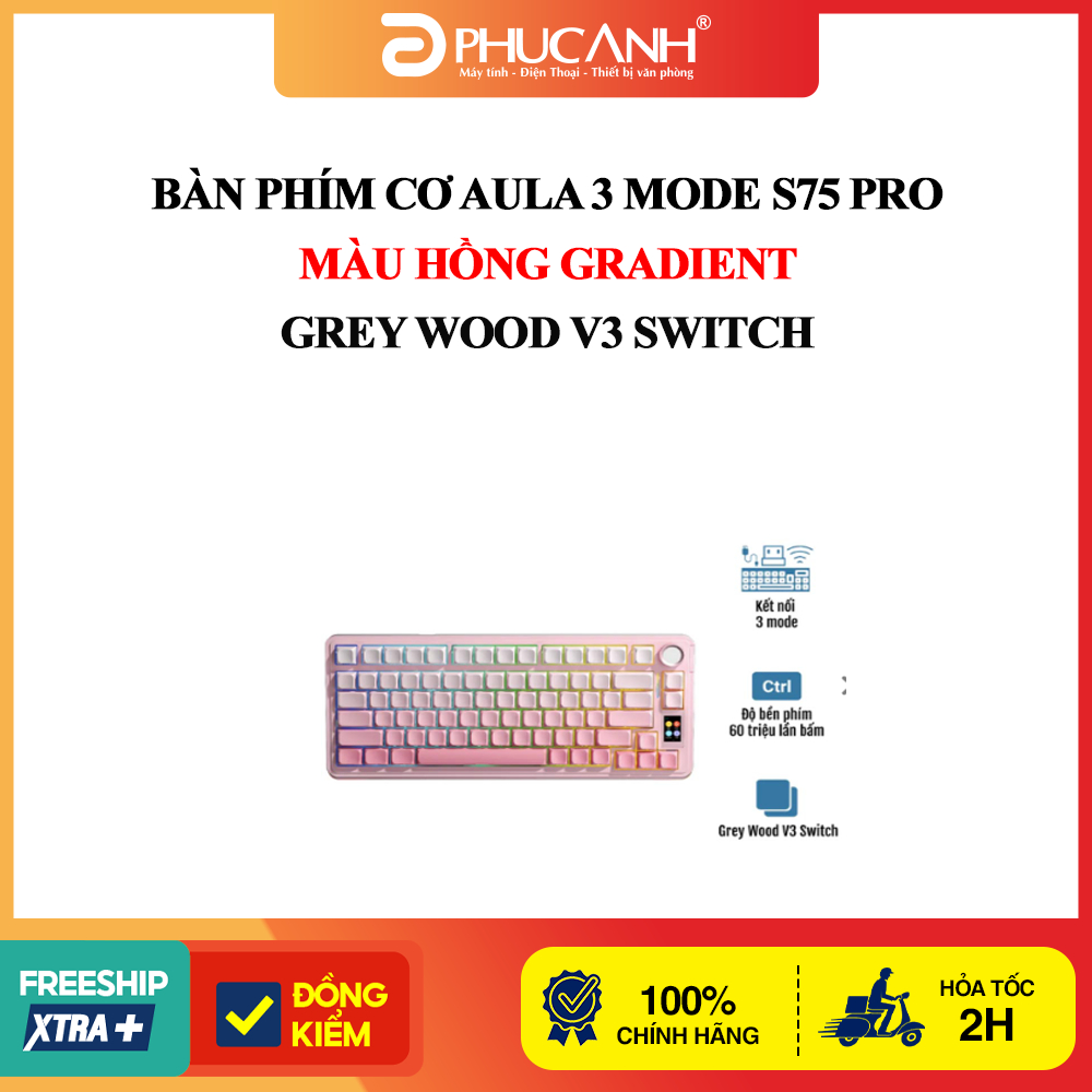 Bàn phím cơ Aula 3 MODE S75 PRO màu Hồng gradient Grey Wood V3 Switch