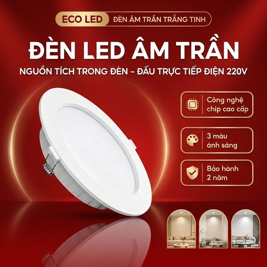 Đèn Led âm trần siêu mỏng chiếu sáng trần thạch cao 9w 12w BH 24 tháng