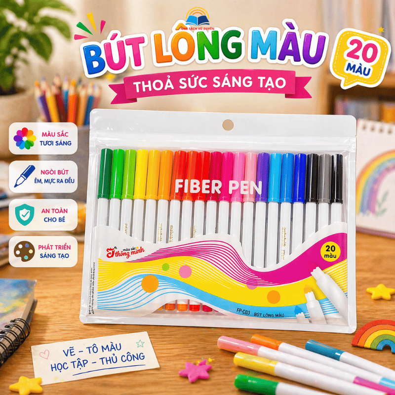 Bộ Bút Màu Fiber Pen 20 Màu Cao Cấp - Bút Lông Tô Màu Nét Mịn, Mực Đều, Dùng Học Tập Vẽ Trang Trí