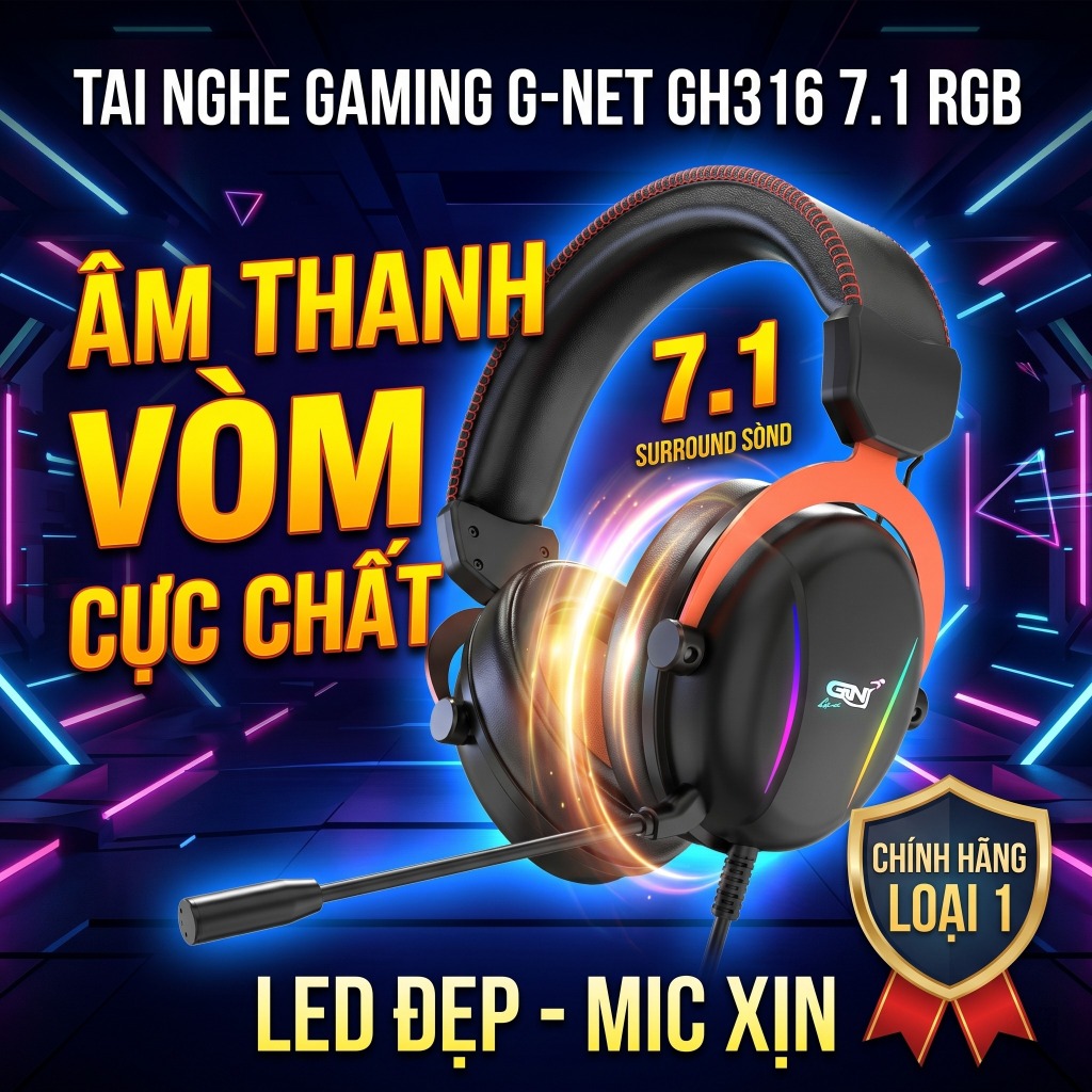 Tai nghe gaming G-NET GH316 7.1 RGB âm thanh vòm cực chất led đẹp mic xịn chính hãng loại 1