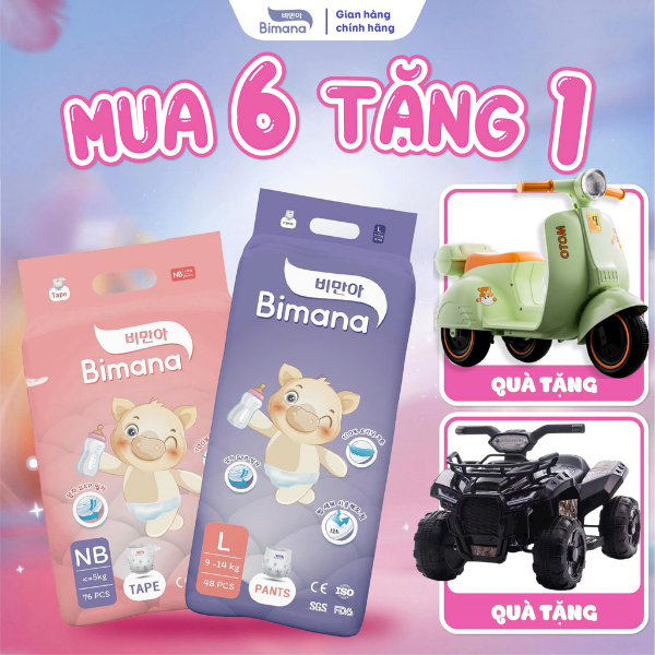 6B - [TẶNG XE ĐIỆN ] COMBO 6 Tã Bỉm Dán/ Quần BIMANA HÀN QUỐC mỏng thoáng, thấm hút vượt trội đủ siz