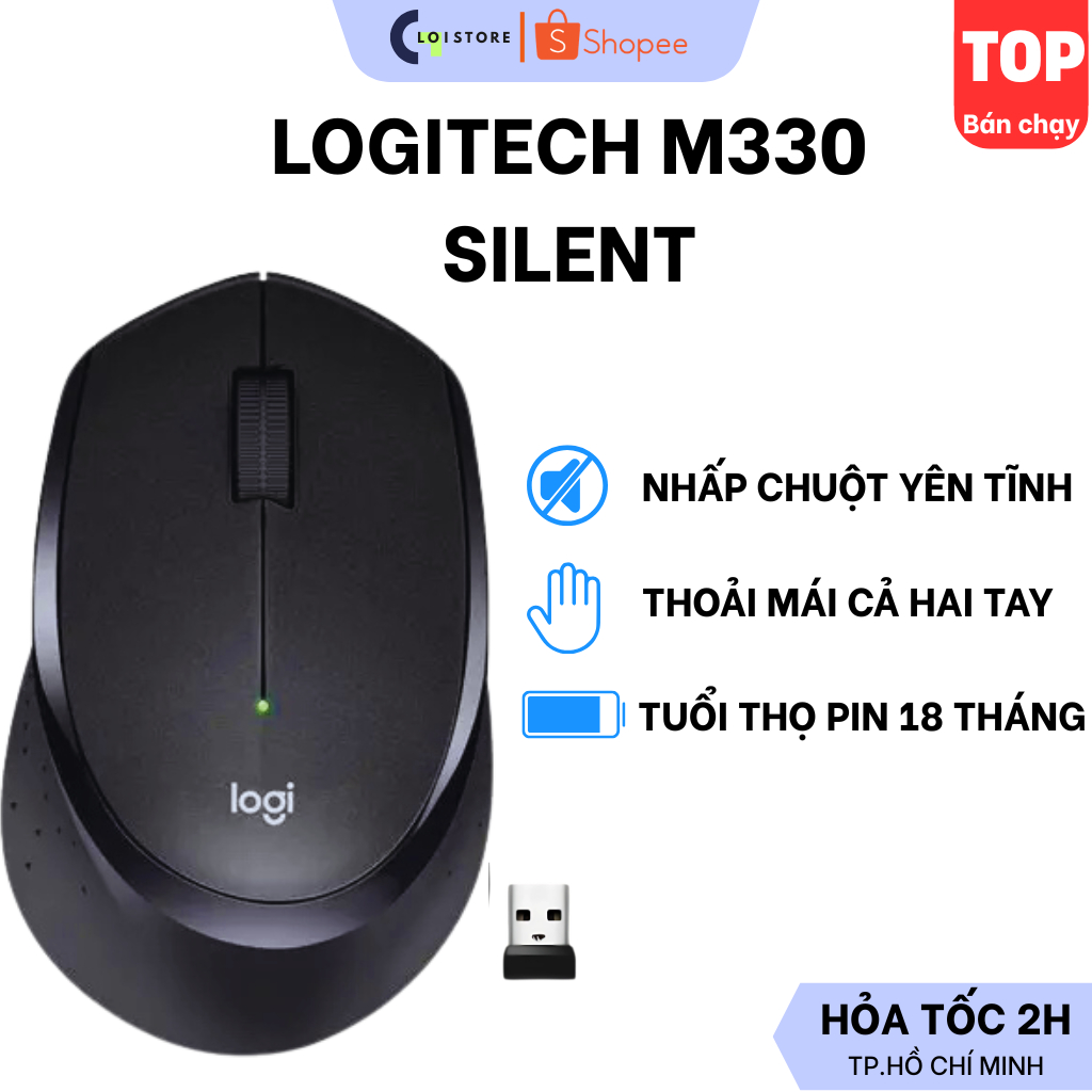 Chuột không dây M330 Silent Plus - Giảm ồn, USB, thuận tay phải, PC/ Laptop