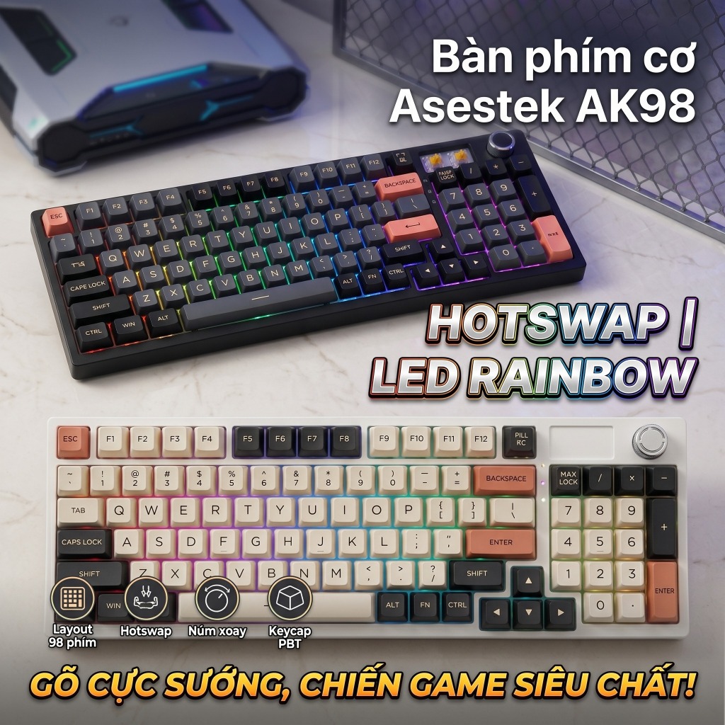 Bàn phím cơ Asestek AK98 led rainbow hotswap layout 98 phím gõ cực sướng chiến game siêu chất