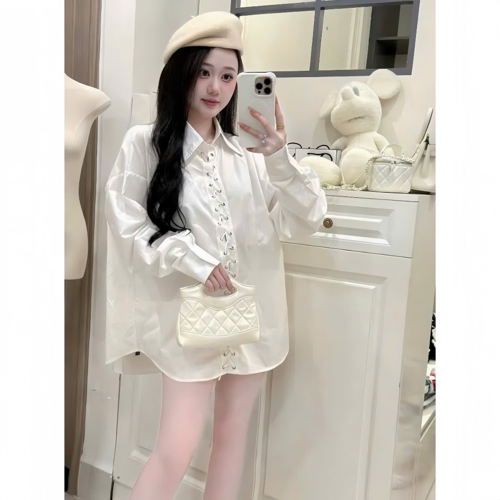 Áo Sơ Mi Đan Dây Form Dáng Rộng Giấu Quần Chất Liệu Thô Mịn Không Nhăn | BigBuy360 - bigbuy360.vn