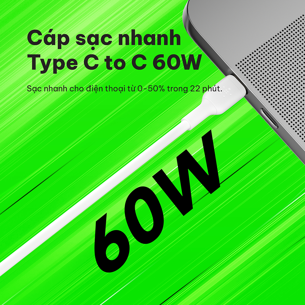 Cáp sạc nhanh Belkin USB Type C - C  công suất 60W vỏ nhựa 1M & 2M chuẩn Apple PD siêu bền bảo hành 2 năm | BigBuy360 - bigbuy360.vn