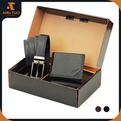 Combo Classic với Thắt lưng MIKK3-02 & Ví MIN-12 chất da bò Ý cao cấp, kèm hộp đựng combo sang trọng, Anh Tho Leather