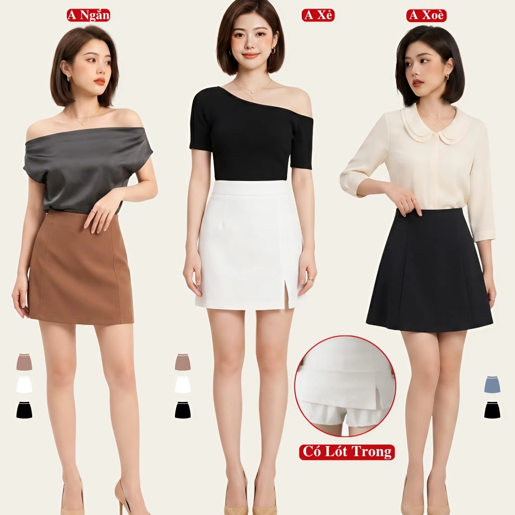 Chân Váy Ngắn Lưng Cao Dáng Chữ A Và A Xoè Madela Có Lót Trong, Váy Chữ A Có Khoá Sau Phong Cách Công Sở.