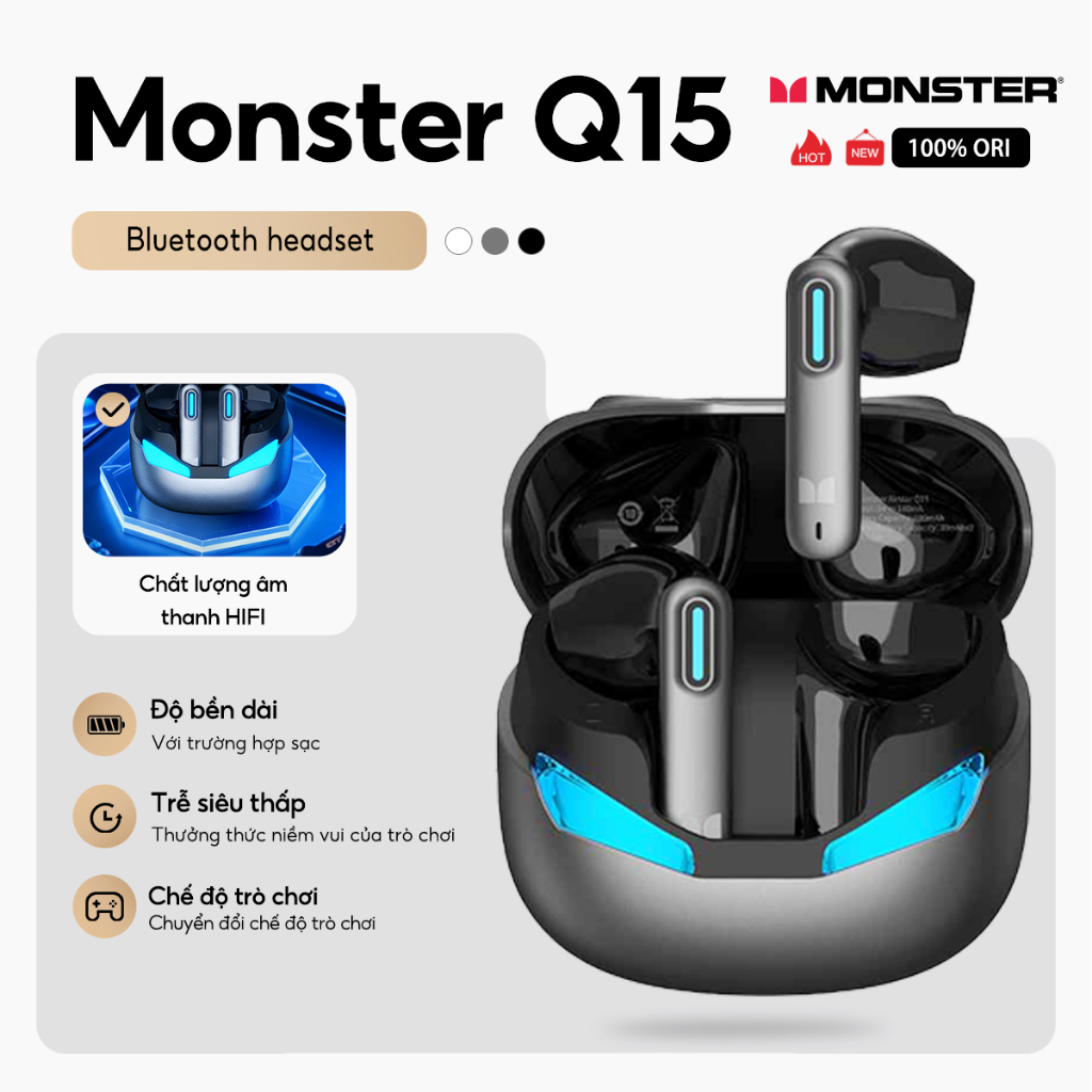 Monster Q15 Wireless Bluetooth Earphones, Noise Reduction Gaming Earbuds, High-Quality Stereo Sound 