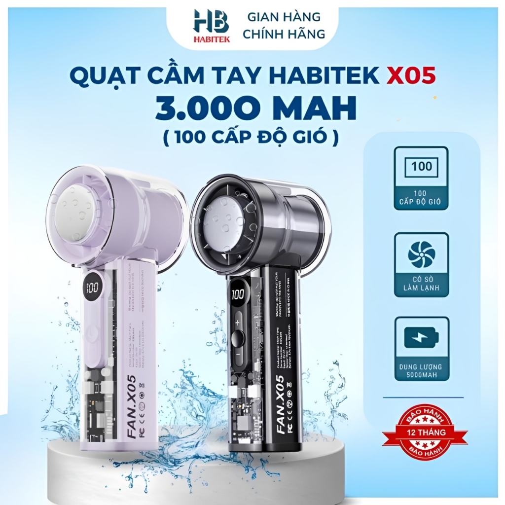 (2)Quạt Cầm Tay Mini HABITEK X05 Có Sò Lạnh Tốc Độ Cao , 100 Mức Gió, Gió Mạnh, Màn Hình Kỹ Thuật Số