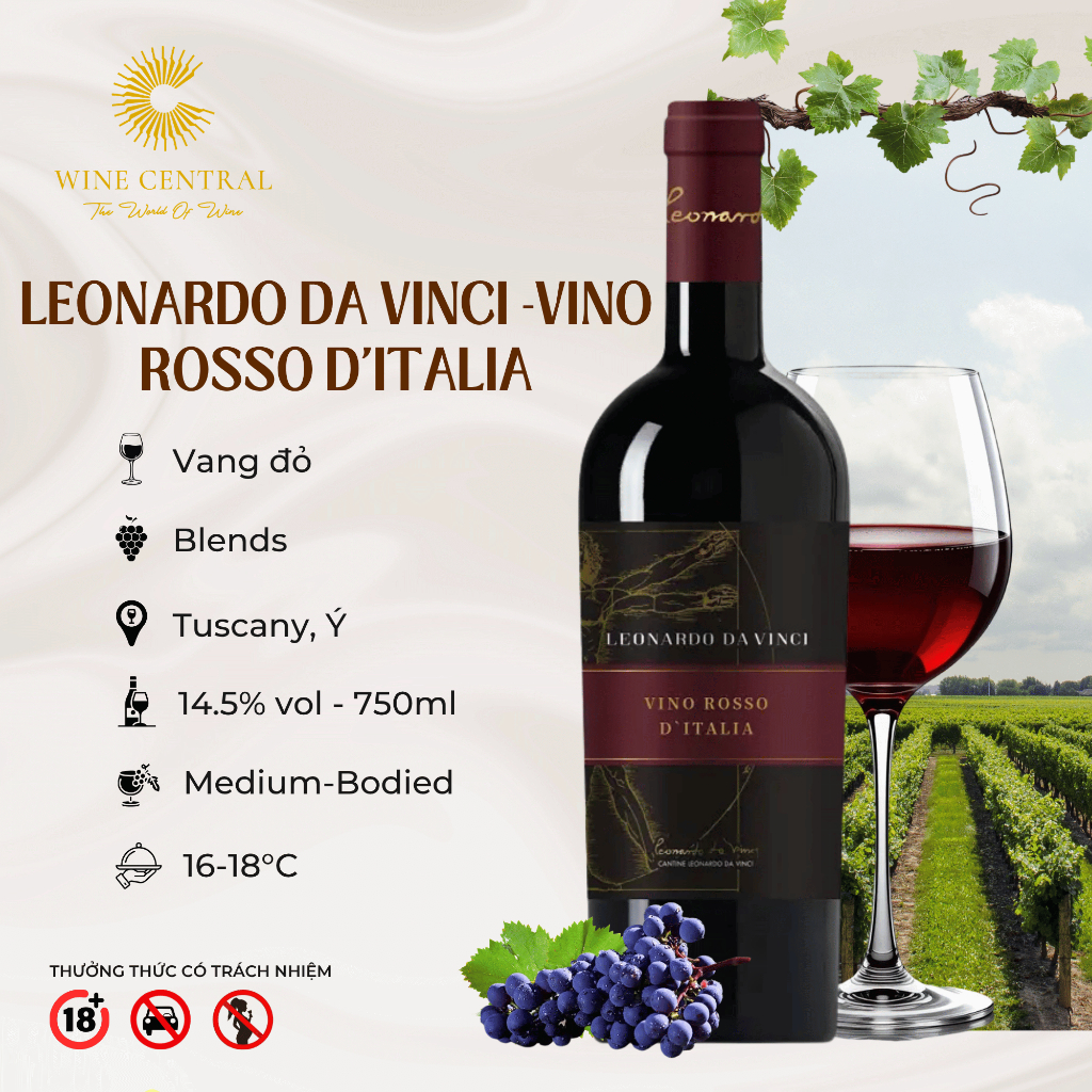 [Chính Hãng] - Rượu Vang Đỏ Ý (1502) Leonardo Da Vinci -Vino Rosso D'Italia 750ml (14,5%) - WINE CEN
