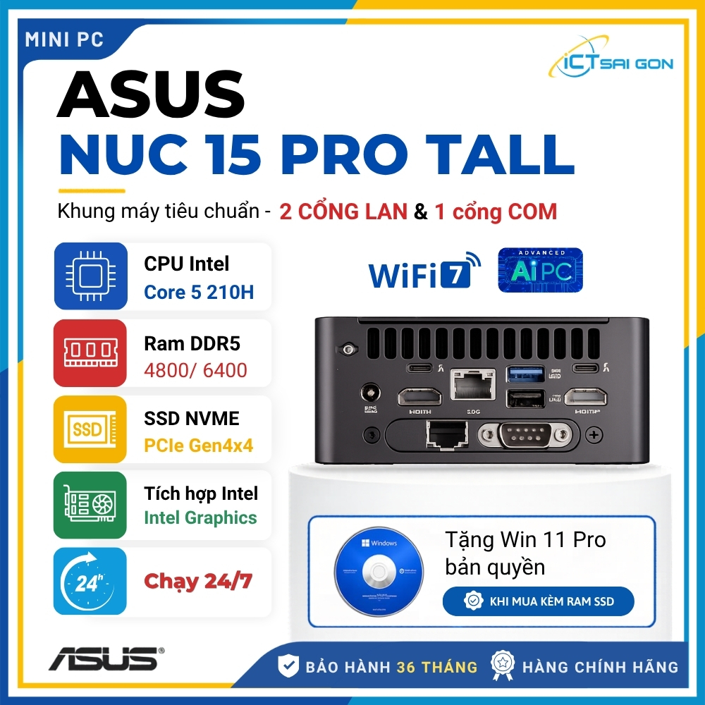 Máy Tính Công Nghiệp Asus NUC 15 Pro Tall (2 cổng LAN/COM) Core 5-210H/RAM DDR5/ SSD NVMe /Xuất hình