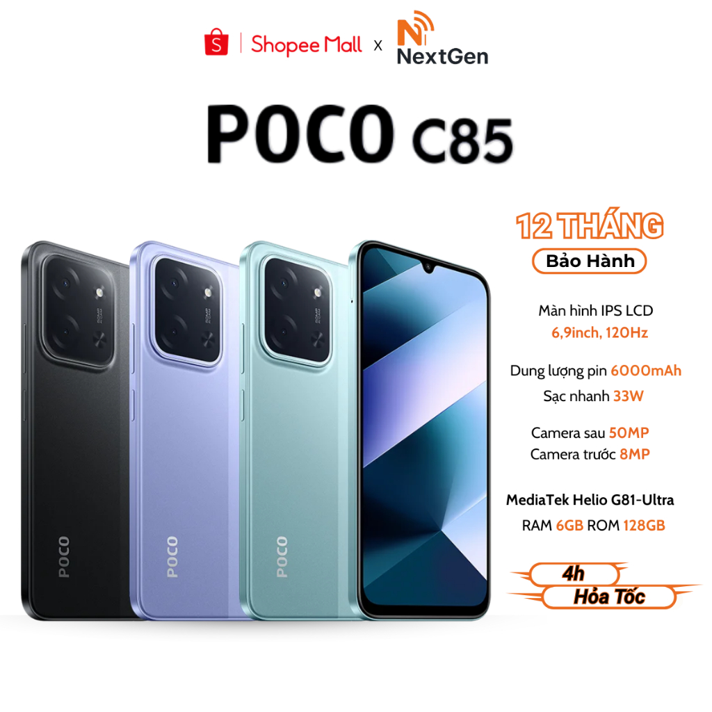 Điện thoại Xiaomi POCO C85 (6GB + 128GB) Pin 6000mAh - Bảo Hành Chính Hãng 12 Tháng