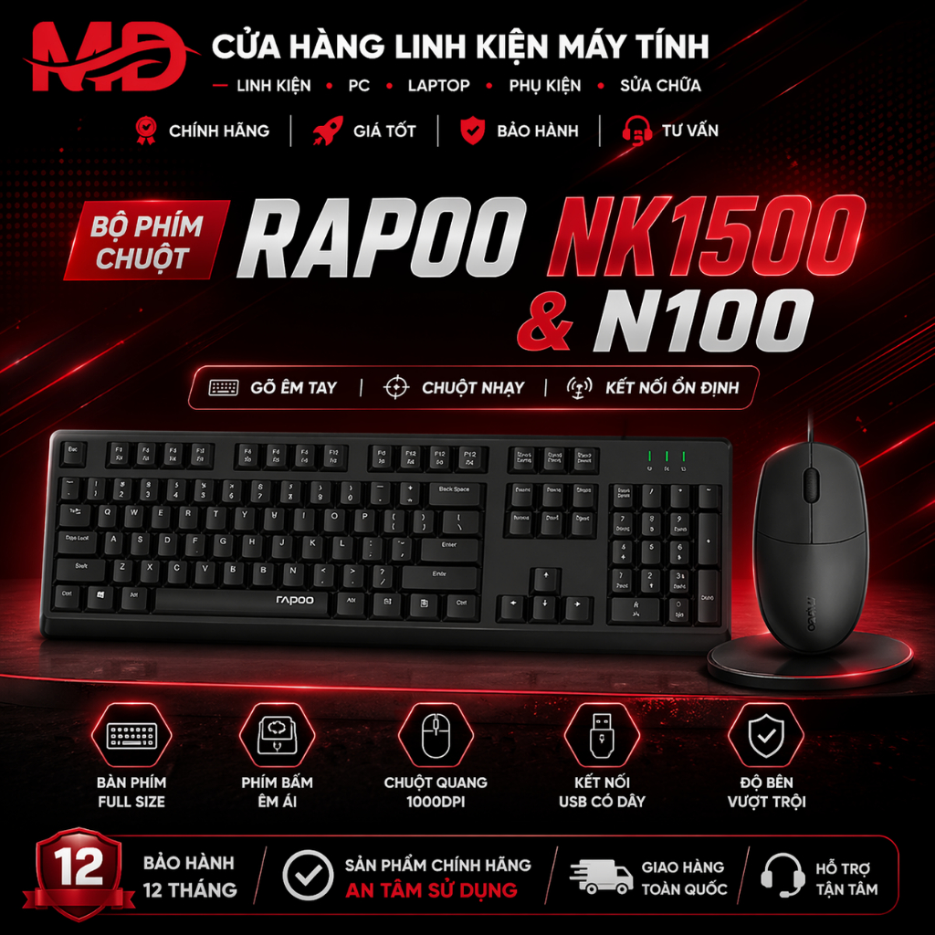 Bàn phím có dây Rapoo NK1500 - Rapoo NK1900 / Chuột có dây Rapoo N100 | Kết nối USB , gắn và chạy | 
