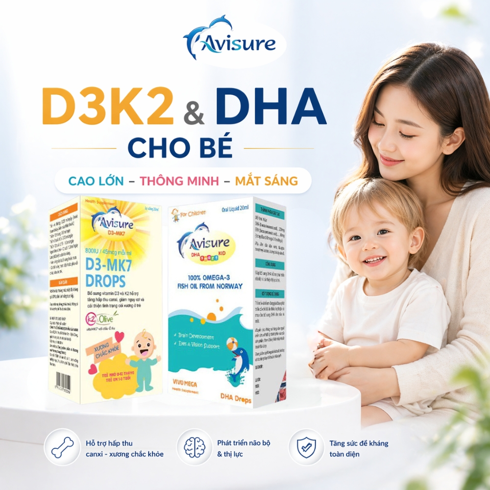 Combo Avisure D3MK7 và Avisure DHA smart kid hỗ trợ bé cao lớn, thông minh, mắt sáng 40ml
