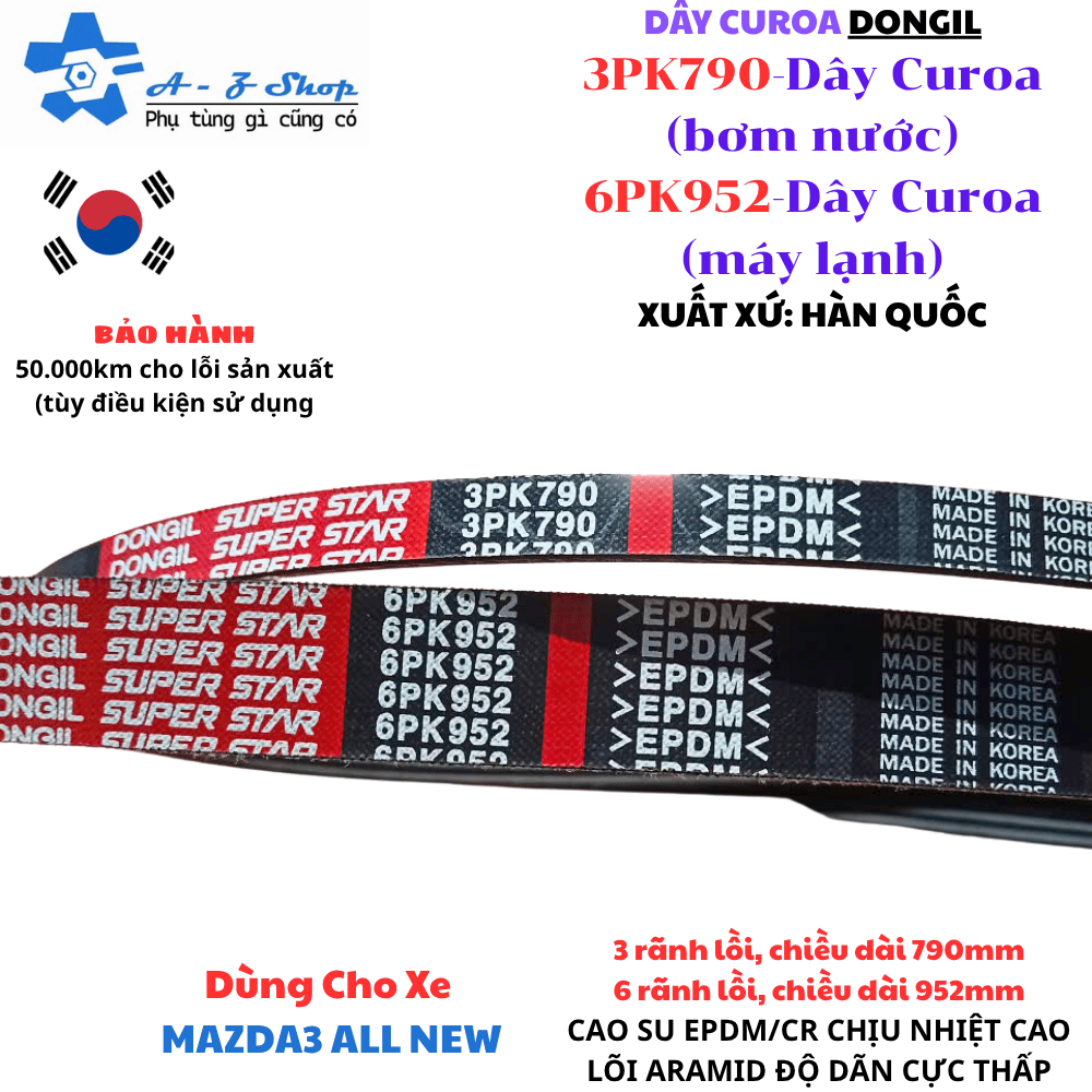 🔥COMBO DÂY CUROA DONGIL – MAZDA3 3PK790 (bơm nước) + 6PK952 (máy lạnh) Mã OEM: P51F15909
