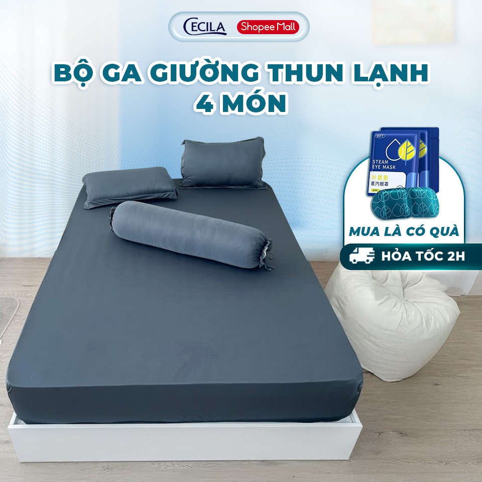 Ga giường thun lạnh bộ 4 món CECILA trơn mềm mịn, vải co dãn 2 chiều bọc đệm 18cm