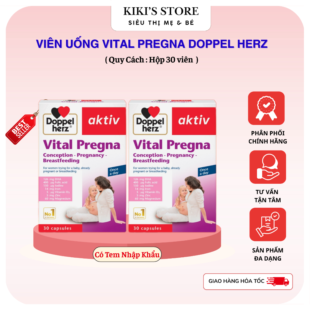 Viên uống vitamin Doppelherz Vital Pregna bổ sung vitamin và khoáng chất cho bà bầu (Hộp 30 viên)
