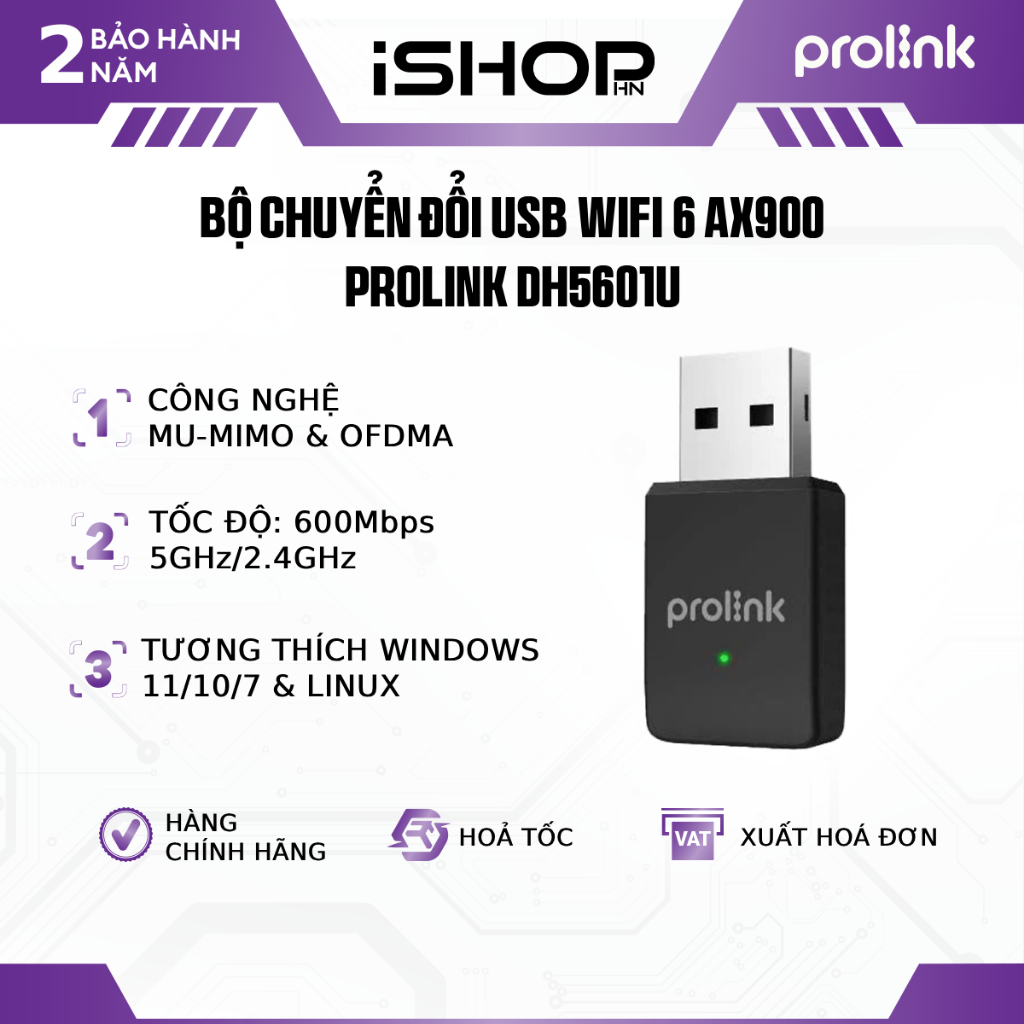 Bộ Thu WiFi 6 AX900 Prolink DH-5106U – USB WiFi AX Dual Band 2.4GHz/5GHz, Tốc Độ 900Mbps, BH 2 Năm