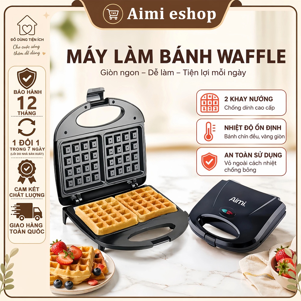 Aimi máy làm bánh waffle Công suất lớn 800W máy làm bánh kẹp bánh mì nướng nhanh chín chống dính tốt