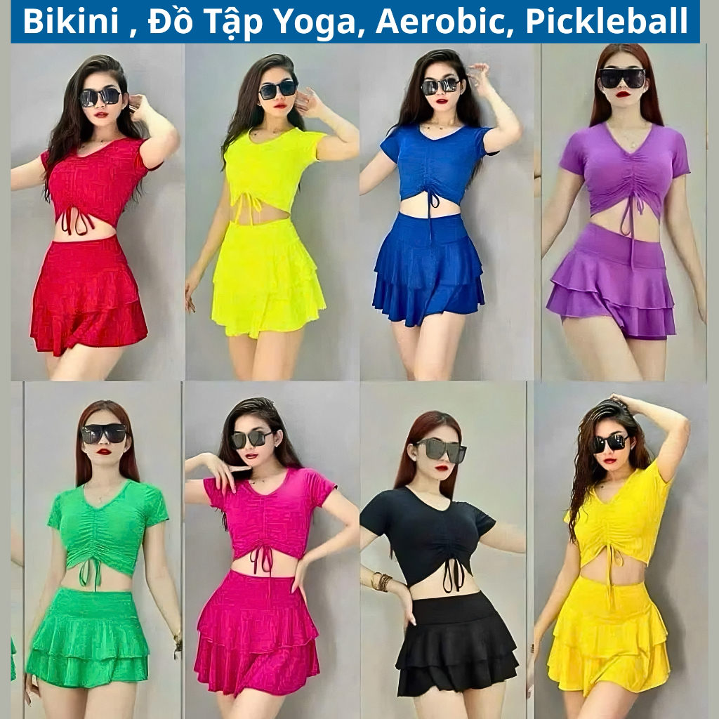 Bikini 2 mảnh đồ bơi đi biển, Yoga, Aerobic,Gym áo tắm dây rút ngực váy xoè 2 tầng nhiều màu | BigBuy360 - bigbuy360.vn